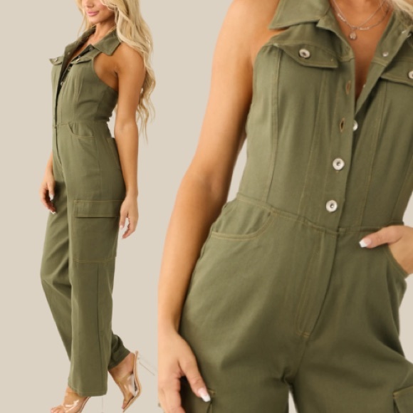 New Trendy Chic Halter Denim Olive Cargo Jumpsuit - Picture 7 of 7